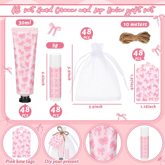 Swiffen Coquette lip balm in pink bow packaging for guests.