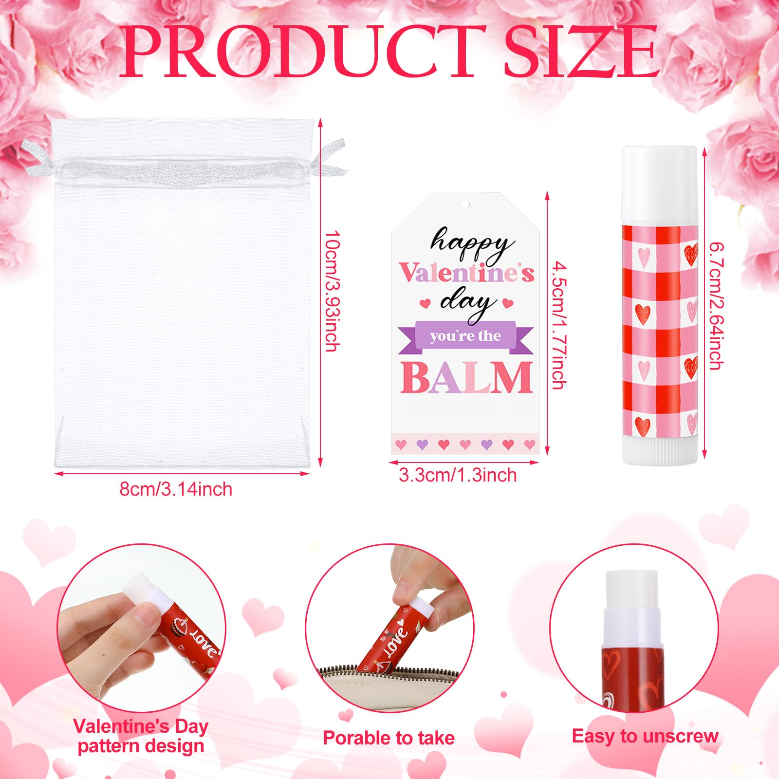 Swiffen red heart cards paired with lip balms for classroom exchanges.