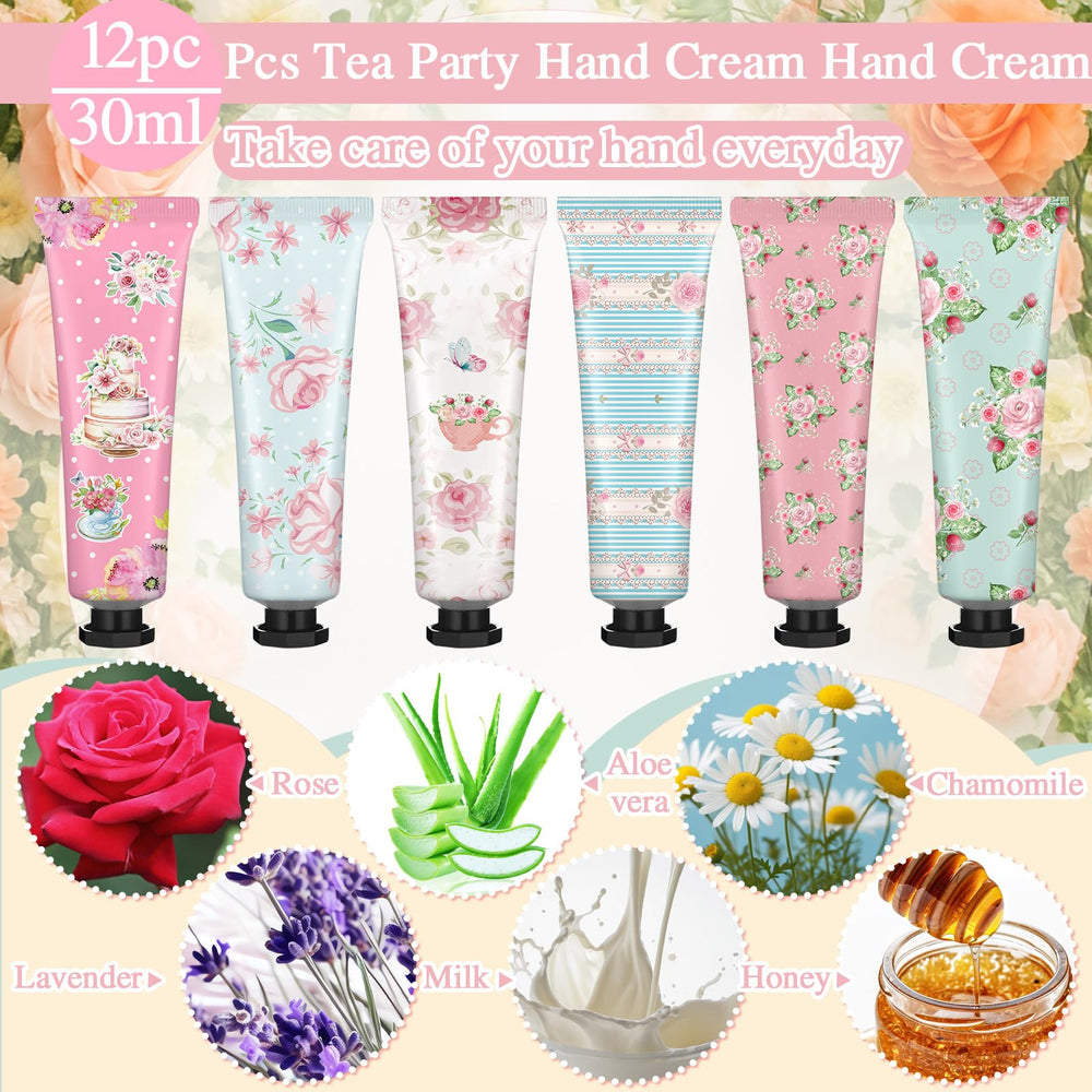 Swiffen Tea Party Hand Cream floral-pattern tubes evoke nostalgic elegance for events.