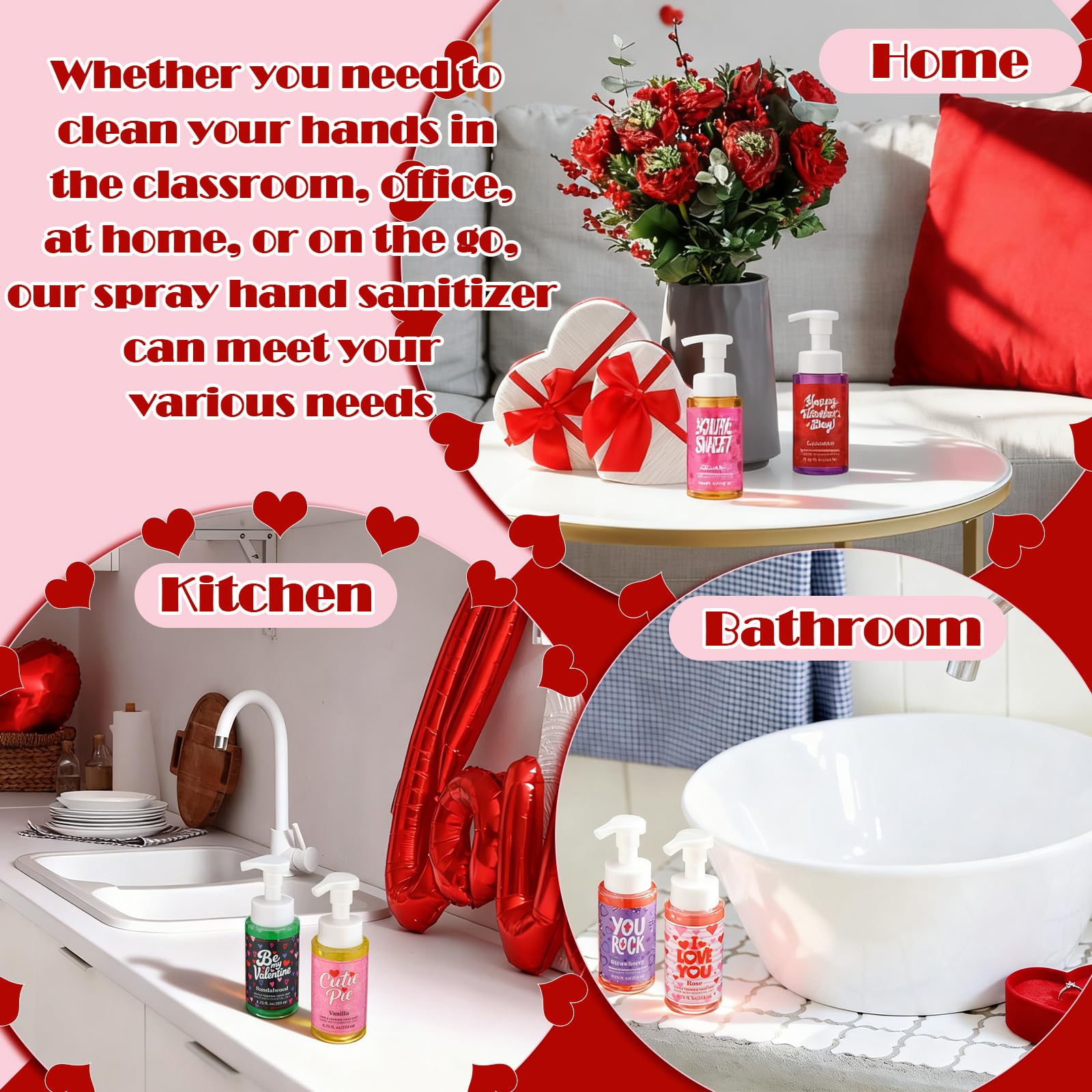 Swiffen Valentines foaming hand soap bottle, chocolate strawberry blend, festive kitchen staple.