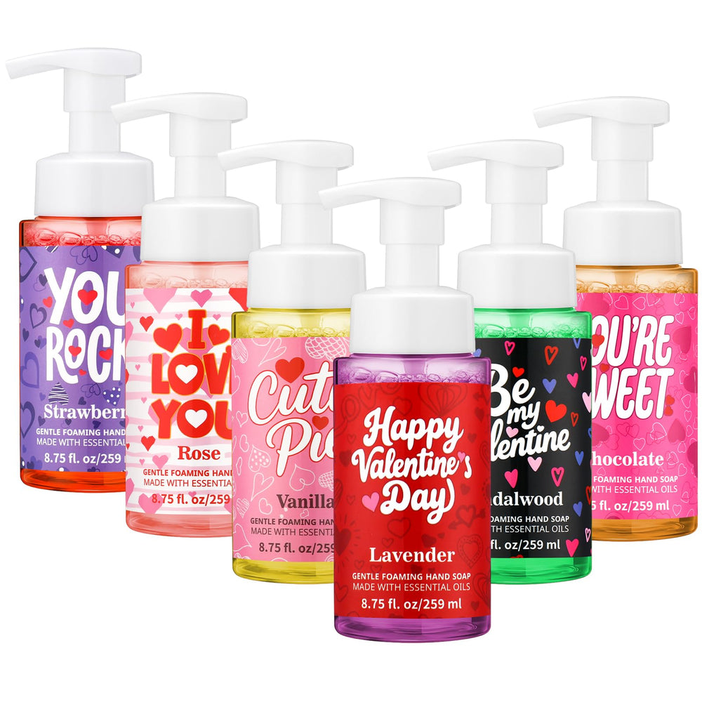 Swiffen Valentines foaming hand soap bottle, rose-vanilla design, promotes soft, refreshed hands.