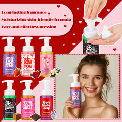 Swiffen Valentines foaming hand soap bottle, sandalwood scent, cozy bath-time ritual.