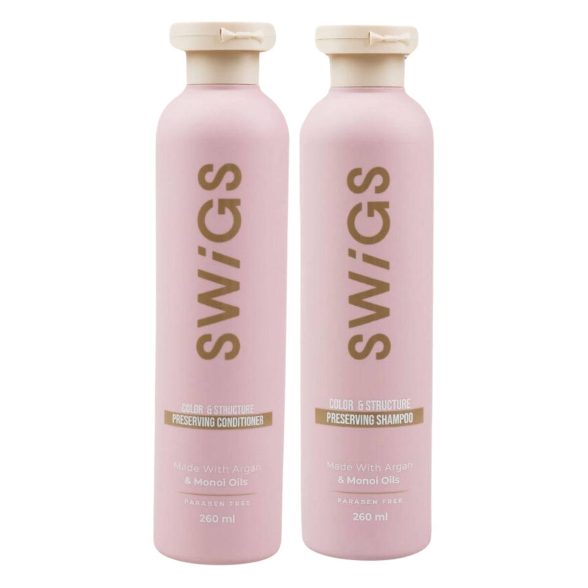 Swigs bottle pour showing color-safe wig shampoo in action.
