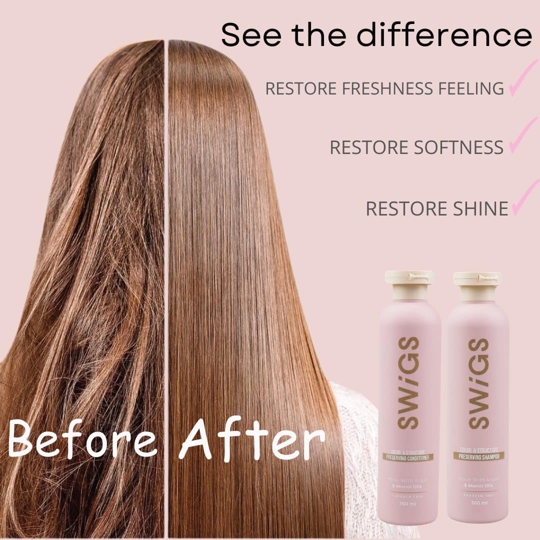Swigs conditioner being applied to soften wig fibers for easy detangling.
