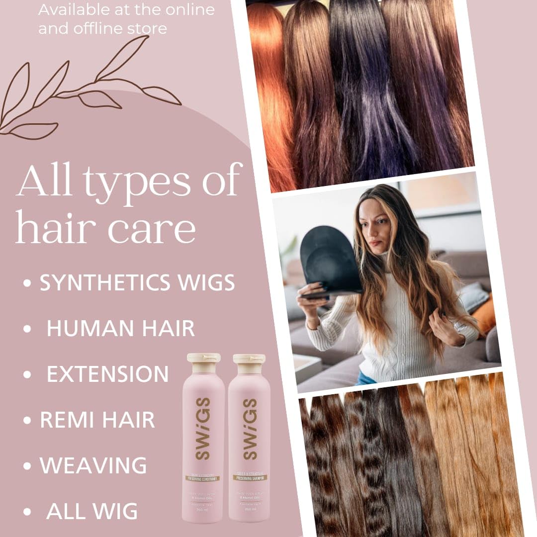 Swigs shampoo lather highlights gentle cleansing for synthetic wig hair.
