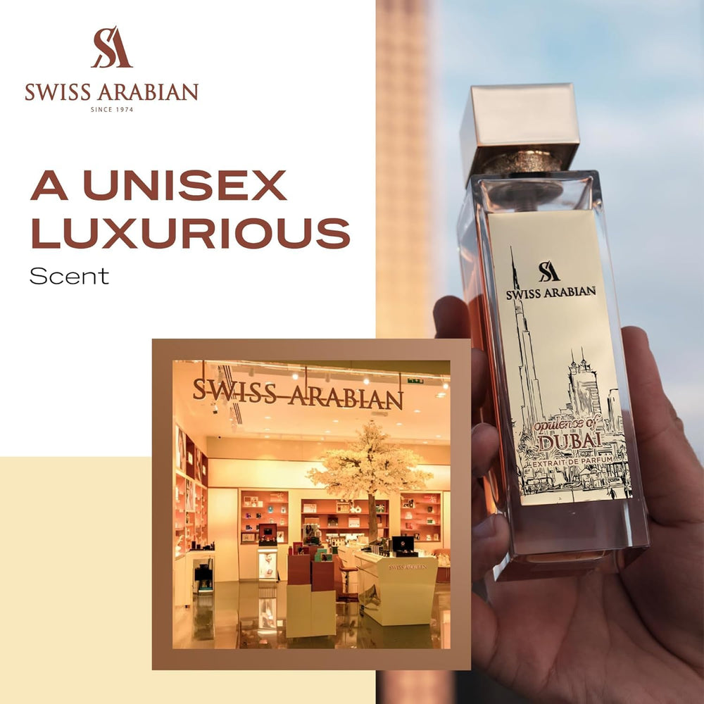Swiss Arabian Opulence of Dubai Extrait label close-up, branding and prestige.