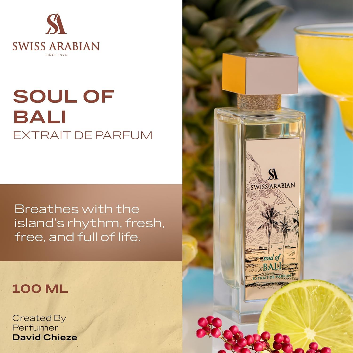 Swiss Arabian Soul of Bali bottle close-up, highlighting vibrant tropical top notes.