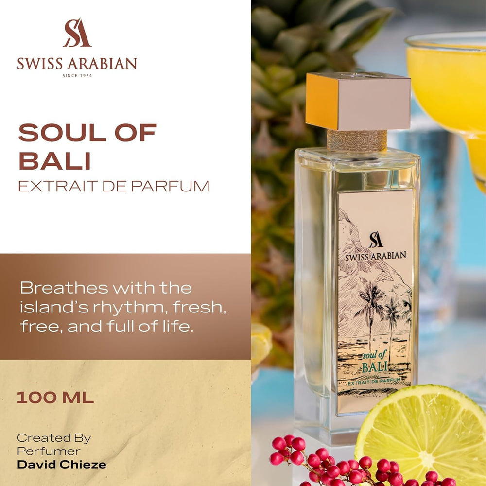 Swiss Arabian Soul of Bali bottle close-up, highlighting vibrant tropical top notes.