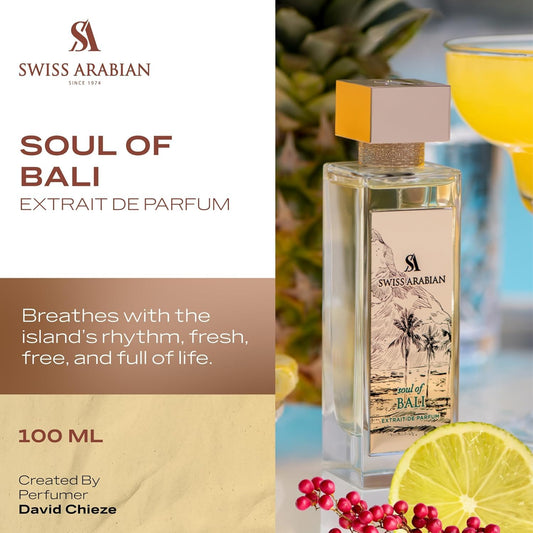 Swiss Arabian Soul of Bali bottle close-up, highlighting vibrant tropical top notes.