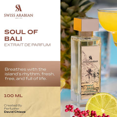 Swiss Arabian Soul of Bali bottle close-up, highlighting vibrant tropical top notes.