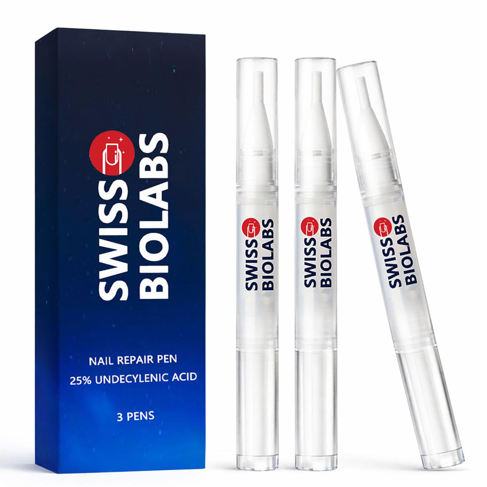 Swiss Biolabs Nail Fungus Pen bottle shows non-greasy nail care formula.
