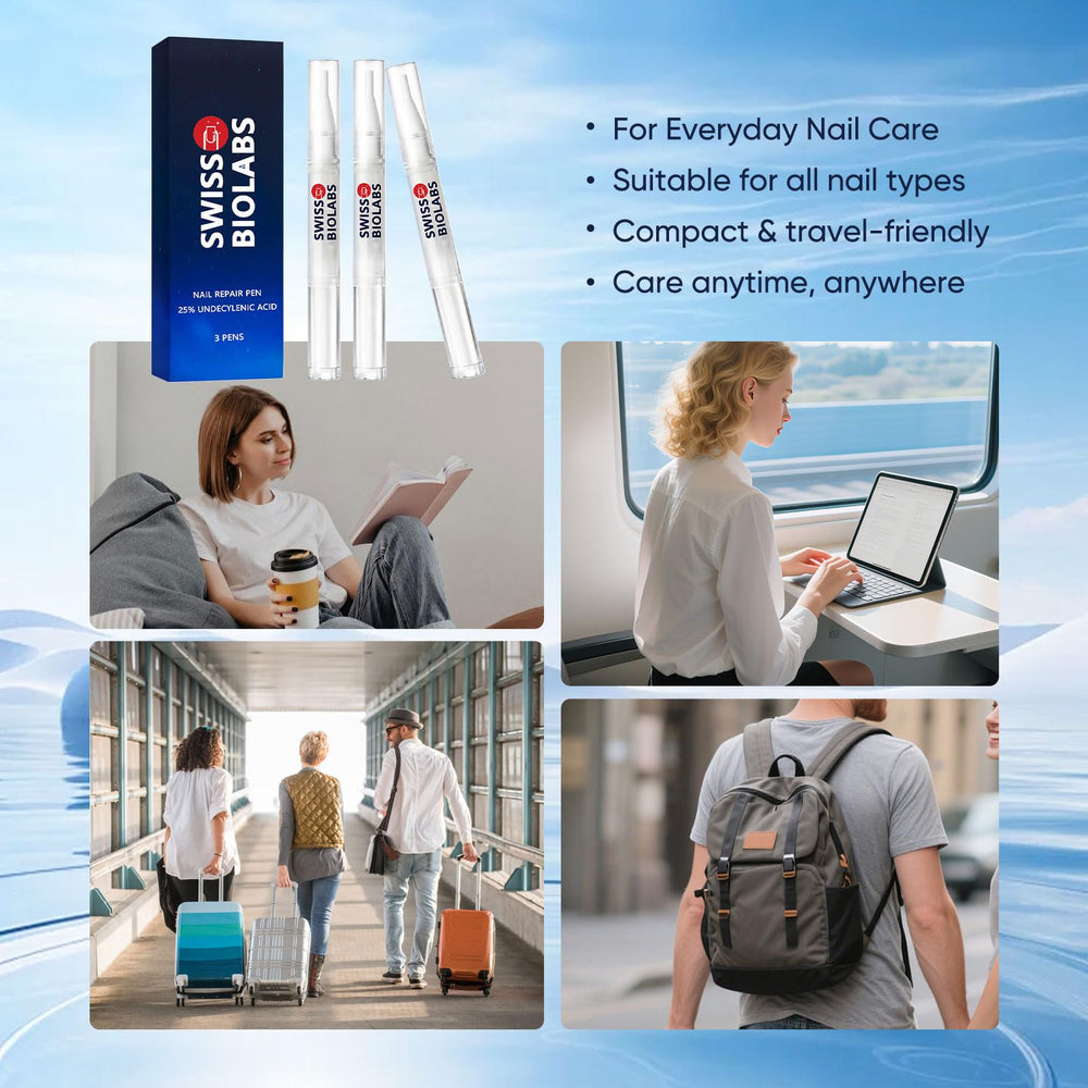 Swiss Biolabs Portable nail care pen fits in a bag for on-the-go use.