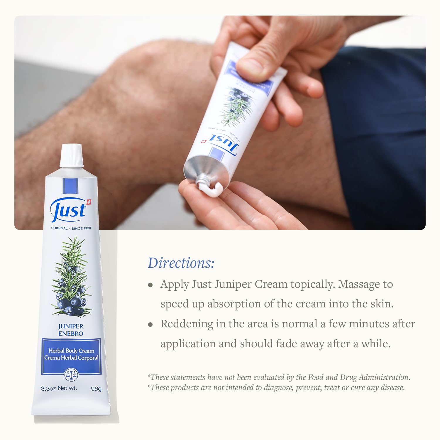 Elderly user applying SwissJust Juniper Massage Cream for mobility support