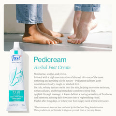 SwissJust Pedicream application demonstrating a gentle foot massage for softening dry skin.