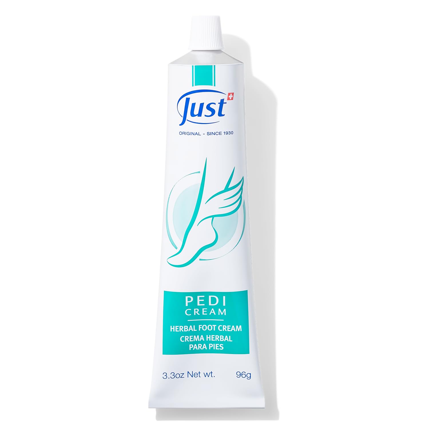 SwissJust Pedicream foot cream packaging highlighting nourishing almond oil formula for dry feet.