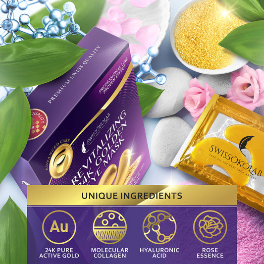 SWISSÖKOLAB 24k gold eye patch close-up showing luxurious texture and cooling sensation.
