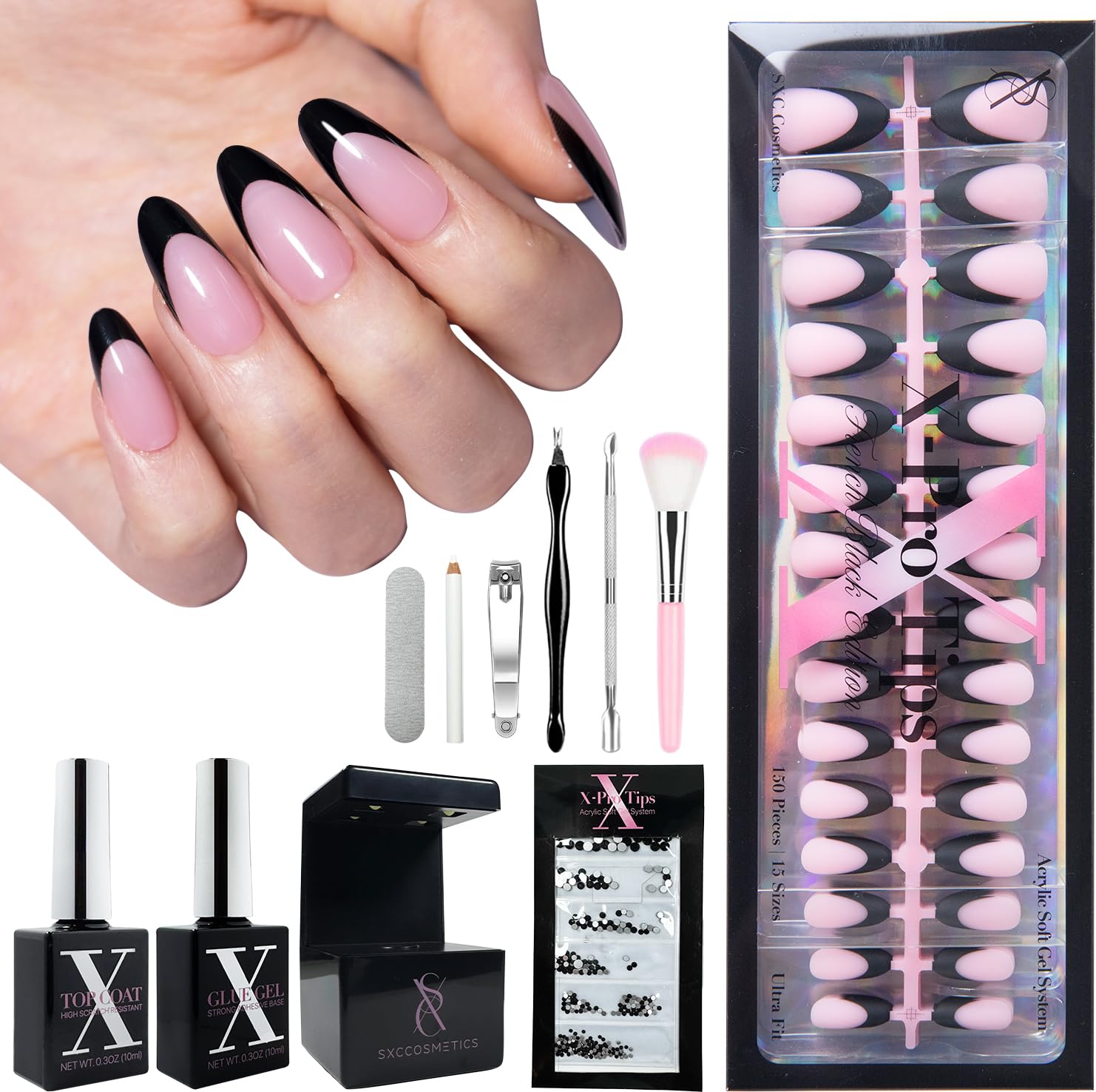 SXC Black Series French Tip almond nails for bold at-home manicure.