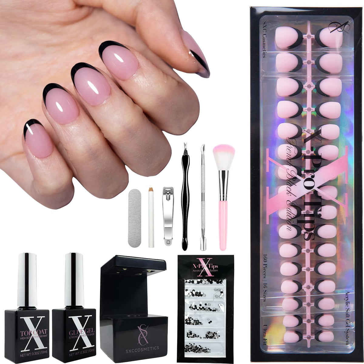 SXC Black Series nails starter kit box shown for easy at-home manicure.
