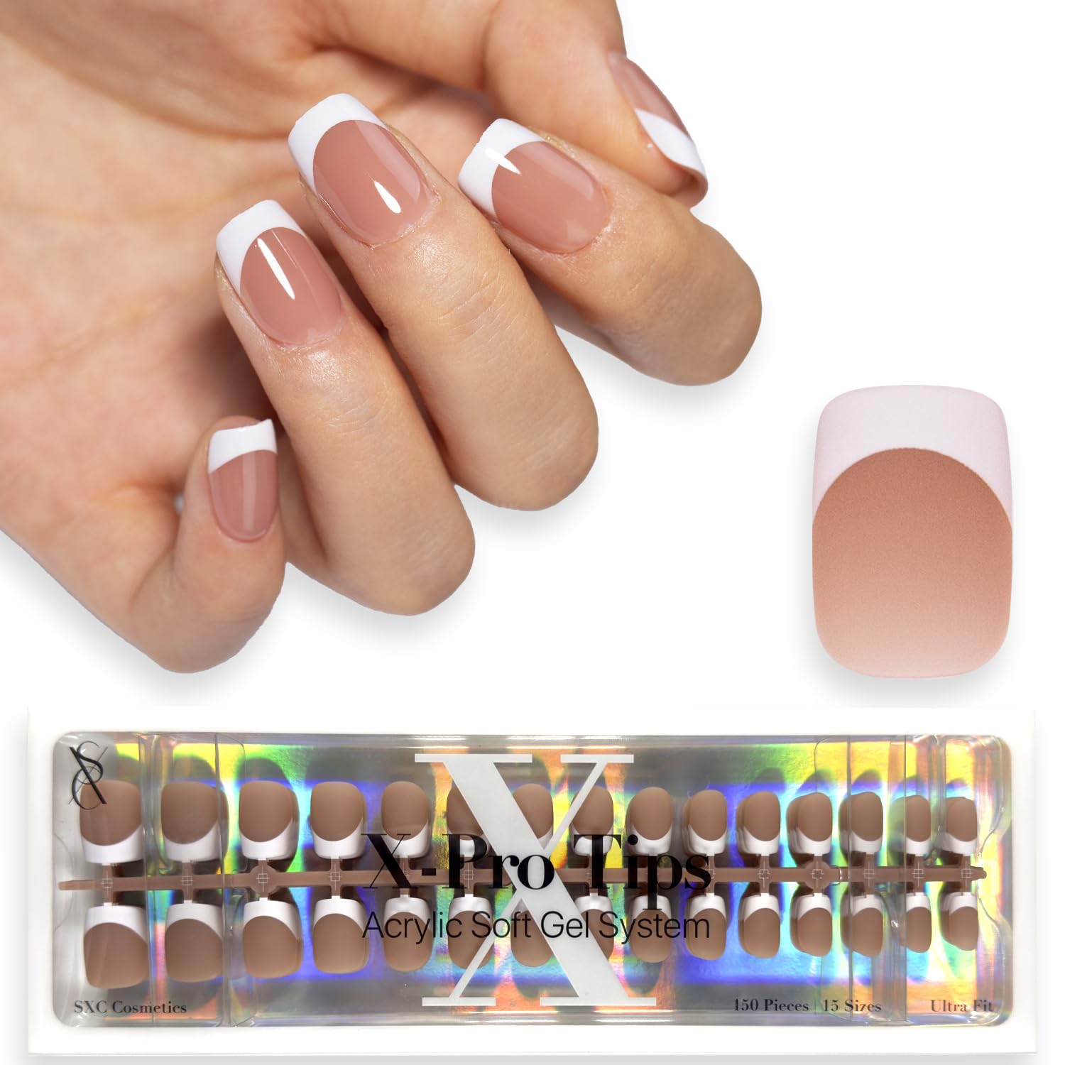 SXC Brown French Tip press-on nails show 150-piece kit for ultra-fits and quick DIY glamour.