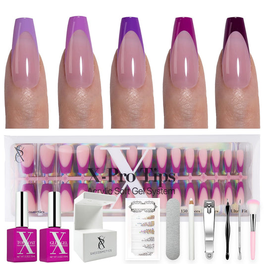 SXC Cosmetics French Tip Purple Series extra-short square nails ready for quick at-home glam