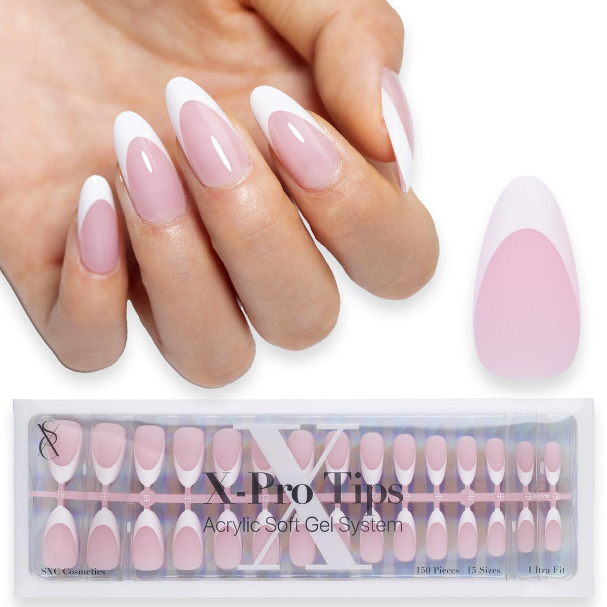 SXC French Tip Nails pink medium almond with pre-applied primer for at-home manicures.