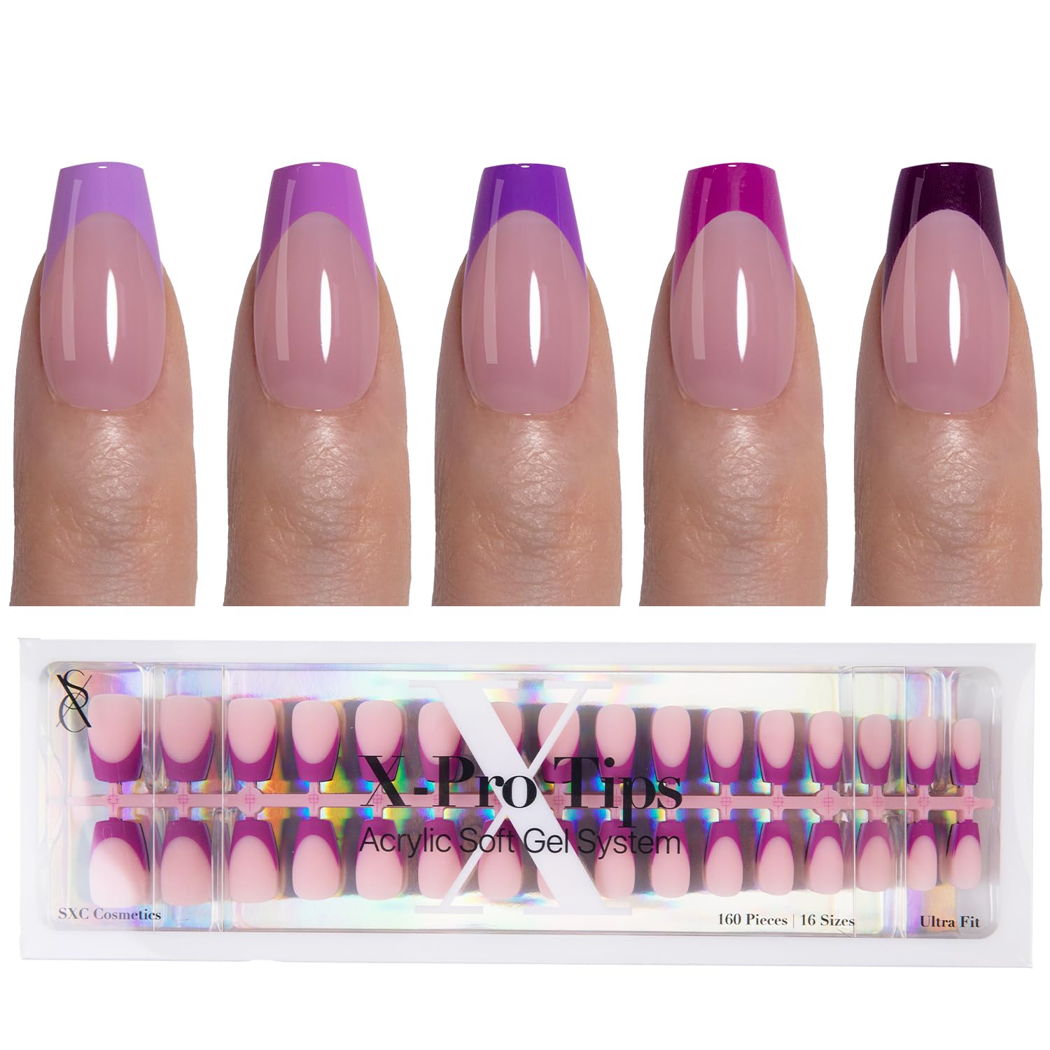 SXC French tip press-on nails with pre-applied primer for quick salon-quality manicures at home.
