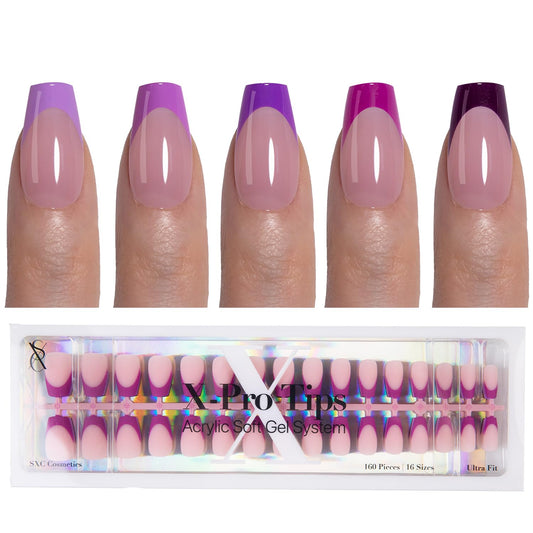 SXC French tip press-on nails with pre-applied primer for quick salon-quality manicures at home.