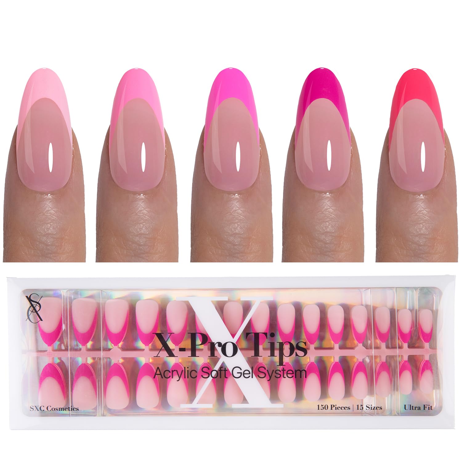 SXC French Tip press-on nails in almond shape for ultra-fit, salon-quality at home.