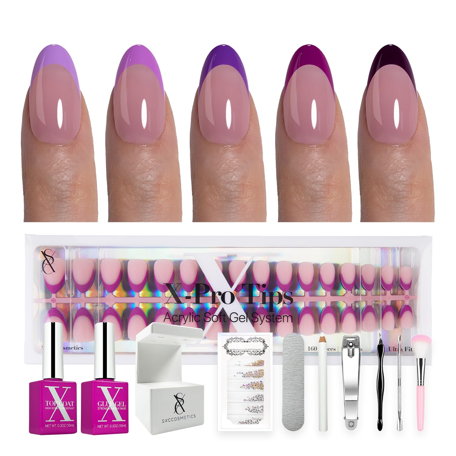 SXC Purple Edition French Tip nails in short almond shape for at-home elegance.