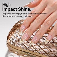 Gold shade used to create French tip design on nails.