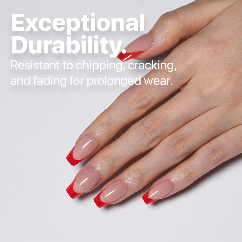 SXC Red Series coffin nails style close-up showing elegant shape and French red tip.