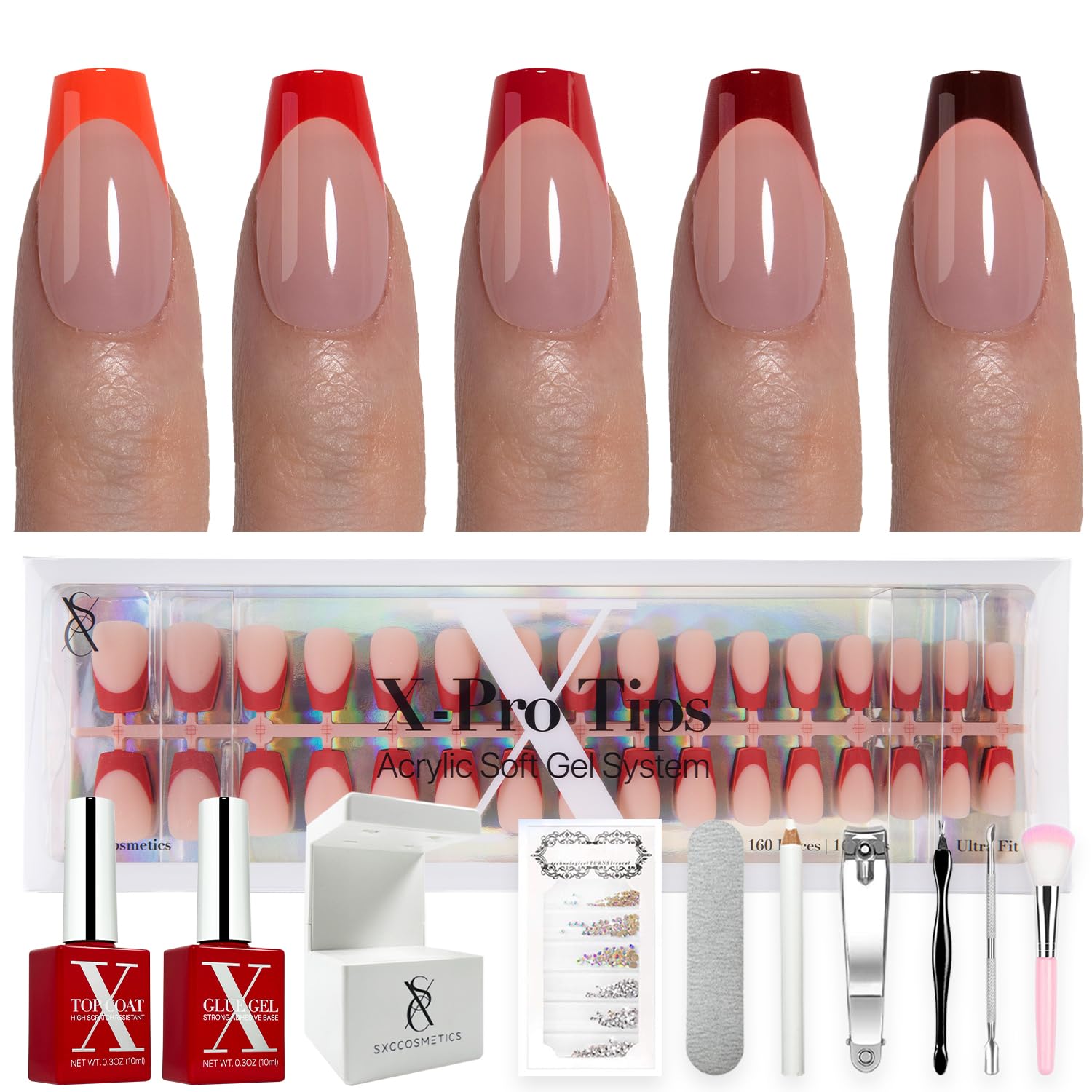SXC Red Series short coffin nails in box showcasing sleek red tips for bold at-home style.
