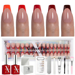 SXC Red Series short coffin nails in box showcasing sleek red tips for bold at-home style.