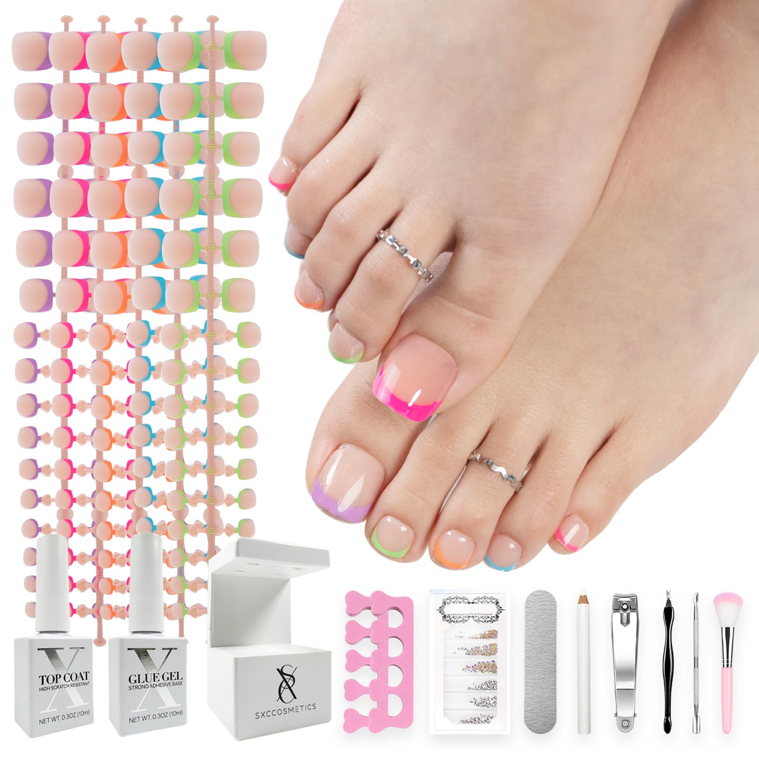 SXC X-Pro Tips French Tip press-on toenails in packaging, beginner-friendly pedicure kit.