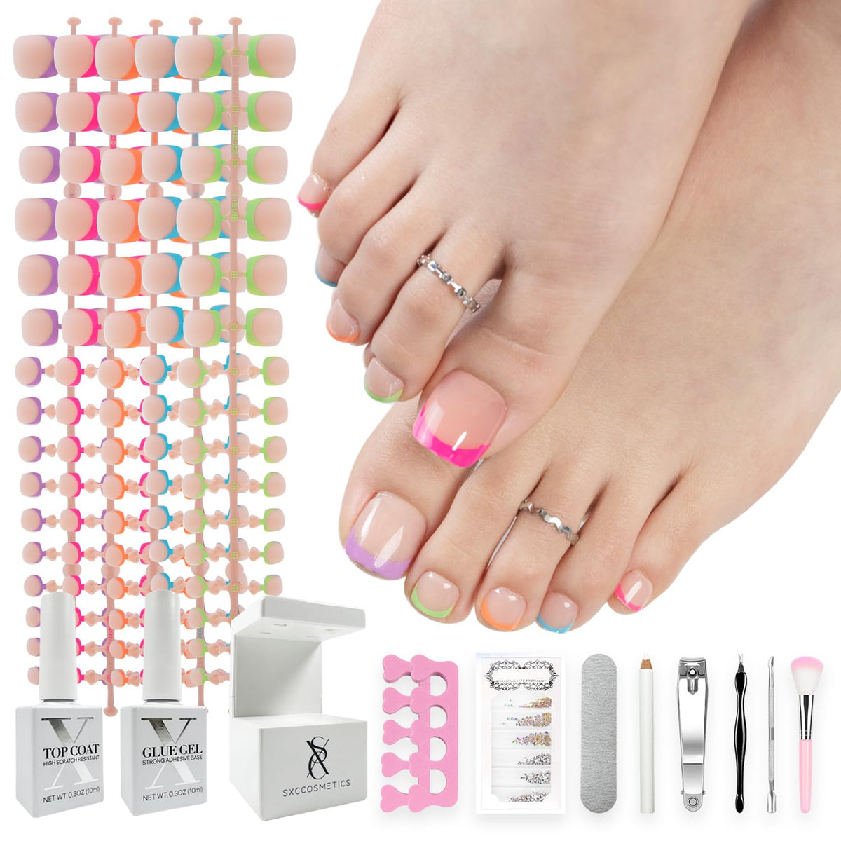 SXC X-Pro Tips French Tip press-on toenails in packaging, beginner-friendly pedicure kit.