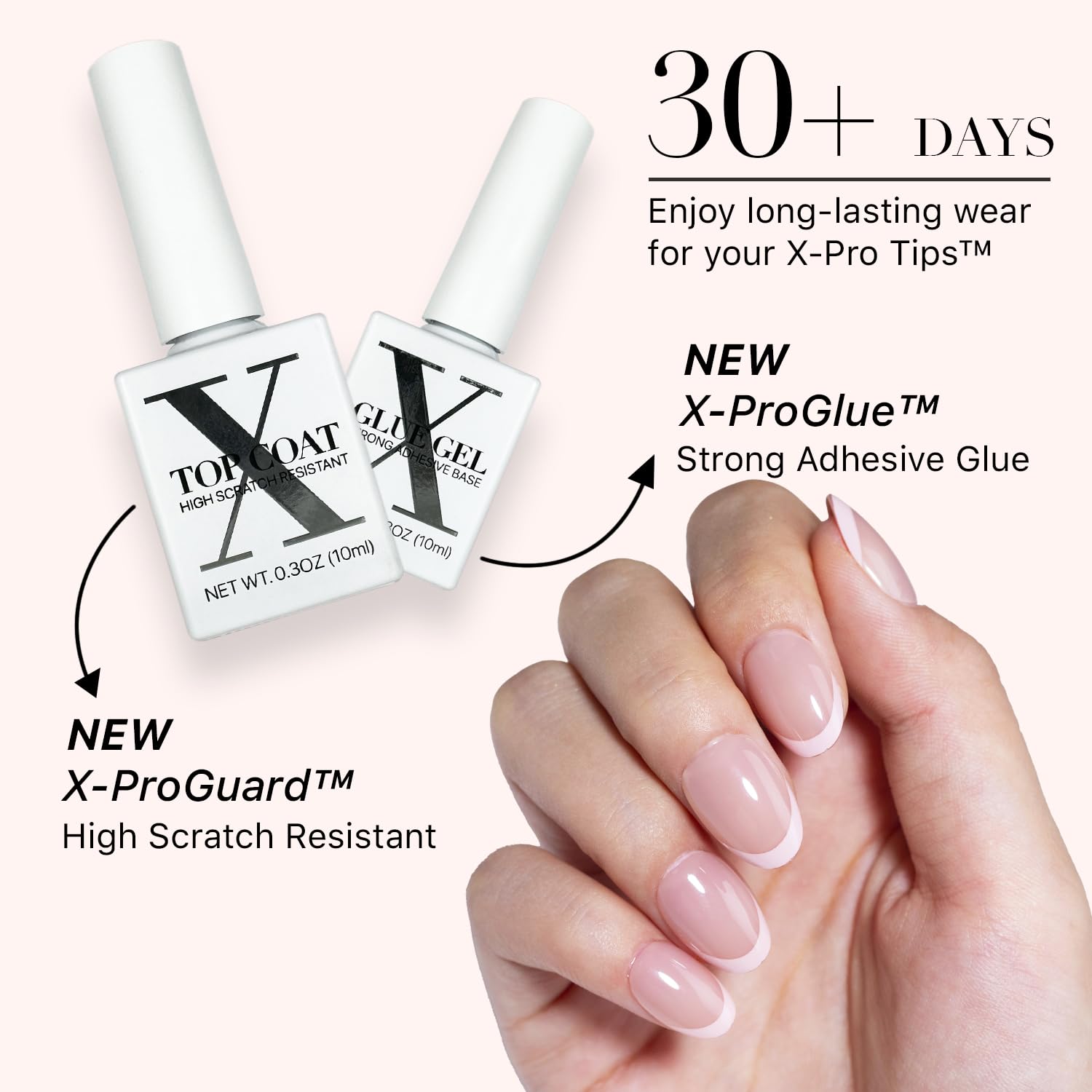 SXC Cosmetics almond XS nails close-up showing flexible fit for natural look.