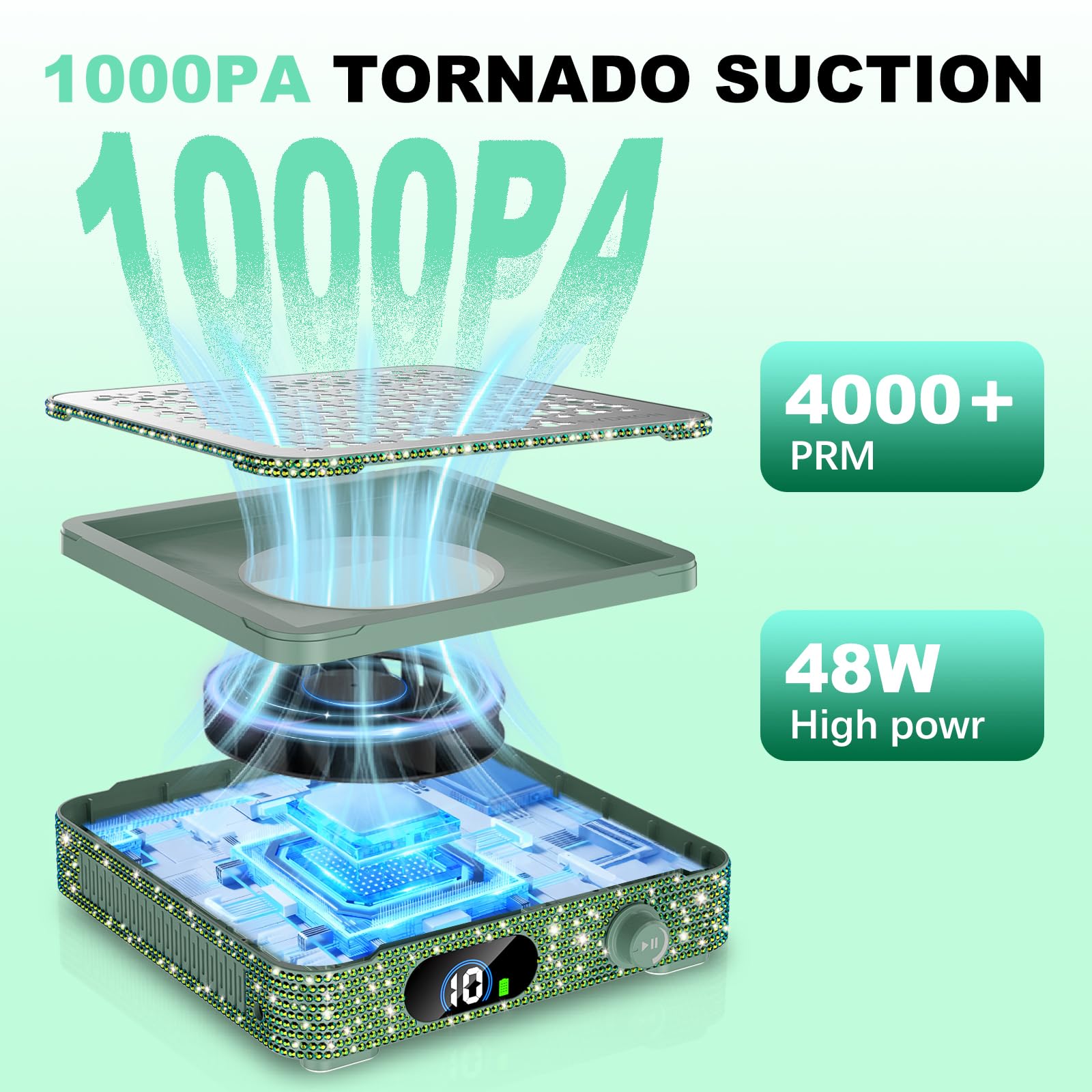 SYDRON 360-degree cyclone airflow ensures thorough dust capture around the nail station.