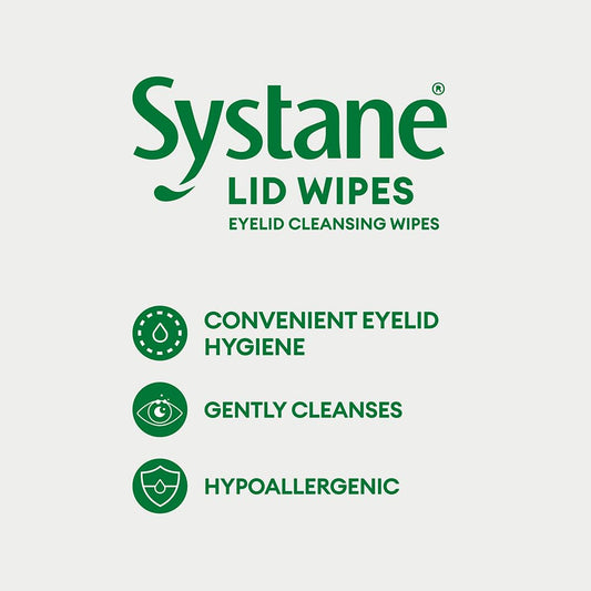Systane Lid Wipes pouch close-up indicating sterile, ready-to-use wipes.