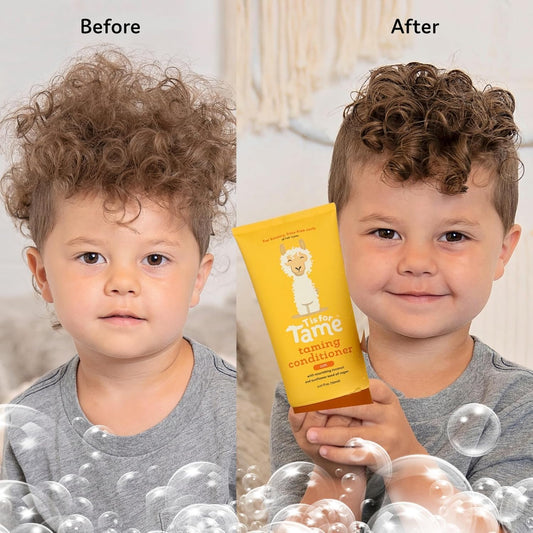 Closeup of applying T is for Tame conditioner for easier detangling.
