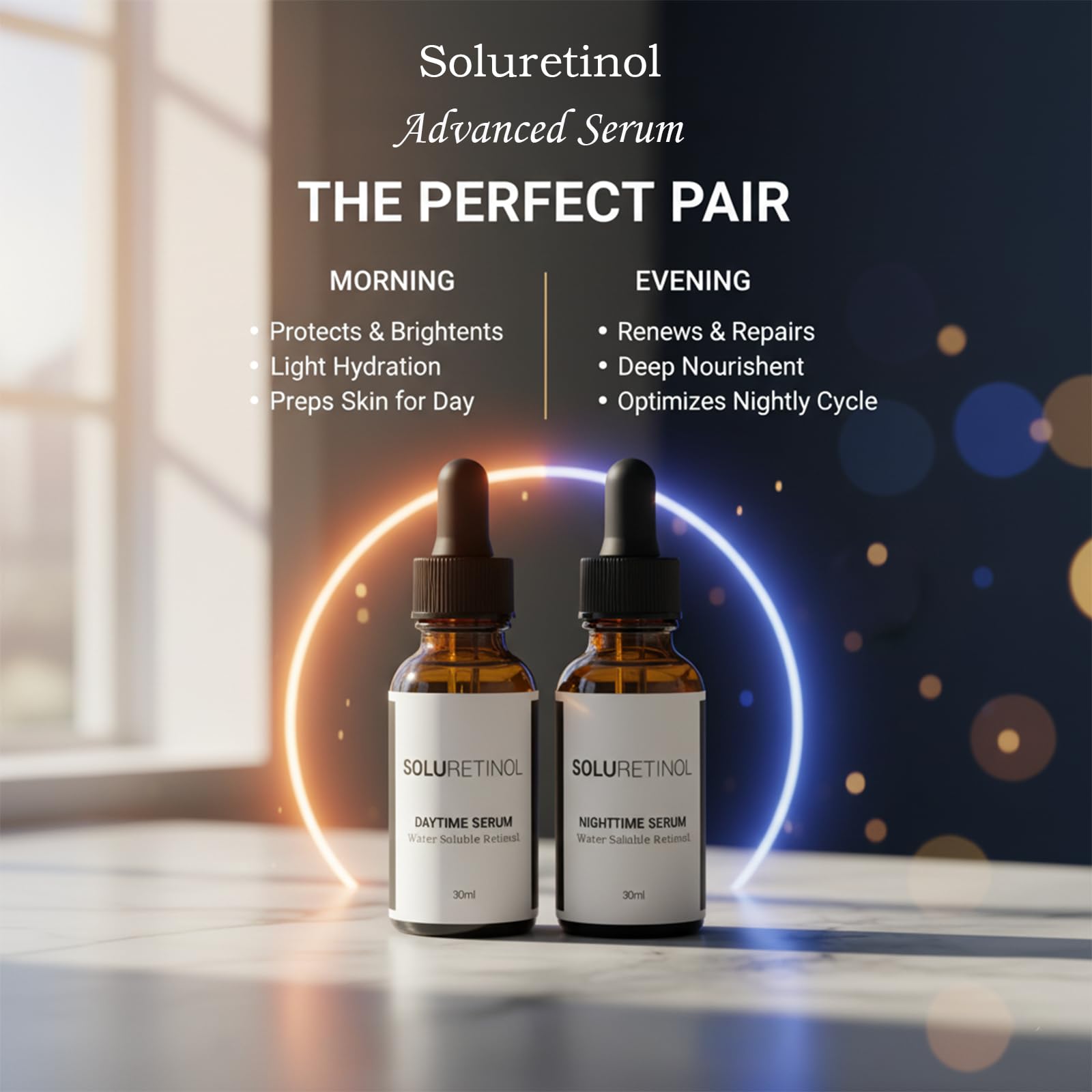 Night routine with TACOHO Soluretinol bottle for renewal support.