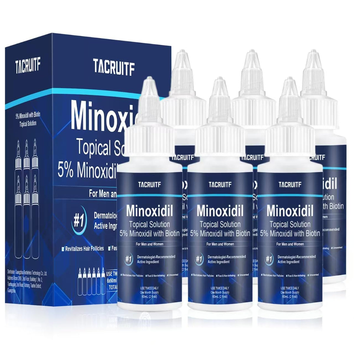 Tacruitf 5% Minoxidil with Biotin bottle for targeted scalp care and fuller-looking hair.