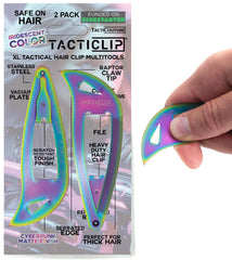 Tacticlip cyberpunk XL snap clip with iridescent finish secures thick hair during busy commutes.