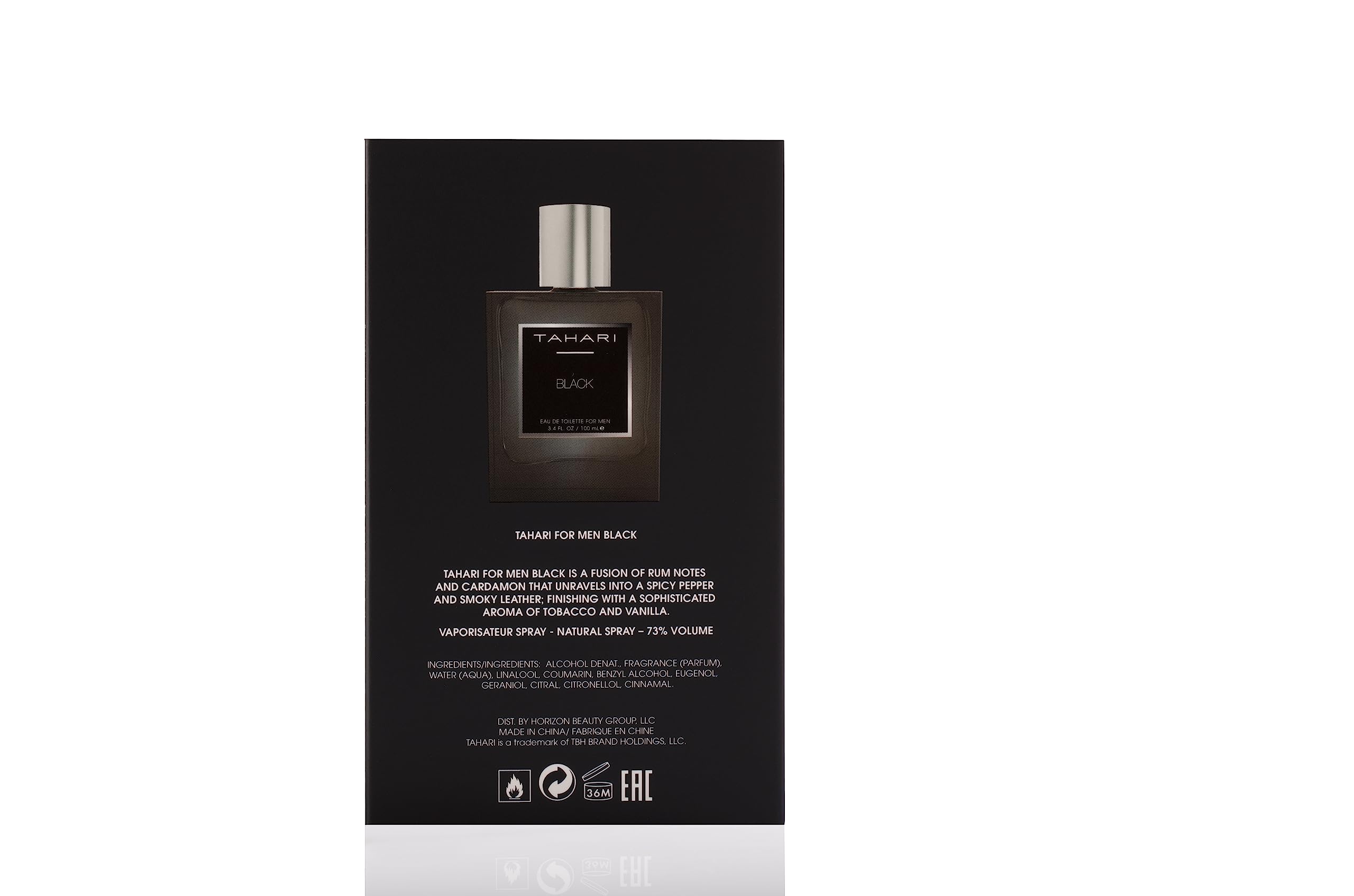TAHARI Black packaging and bottle on display signaling premium value