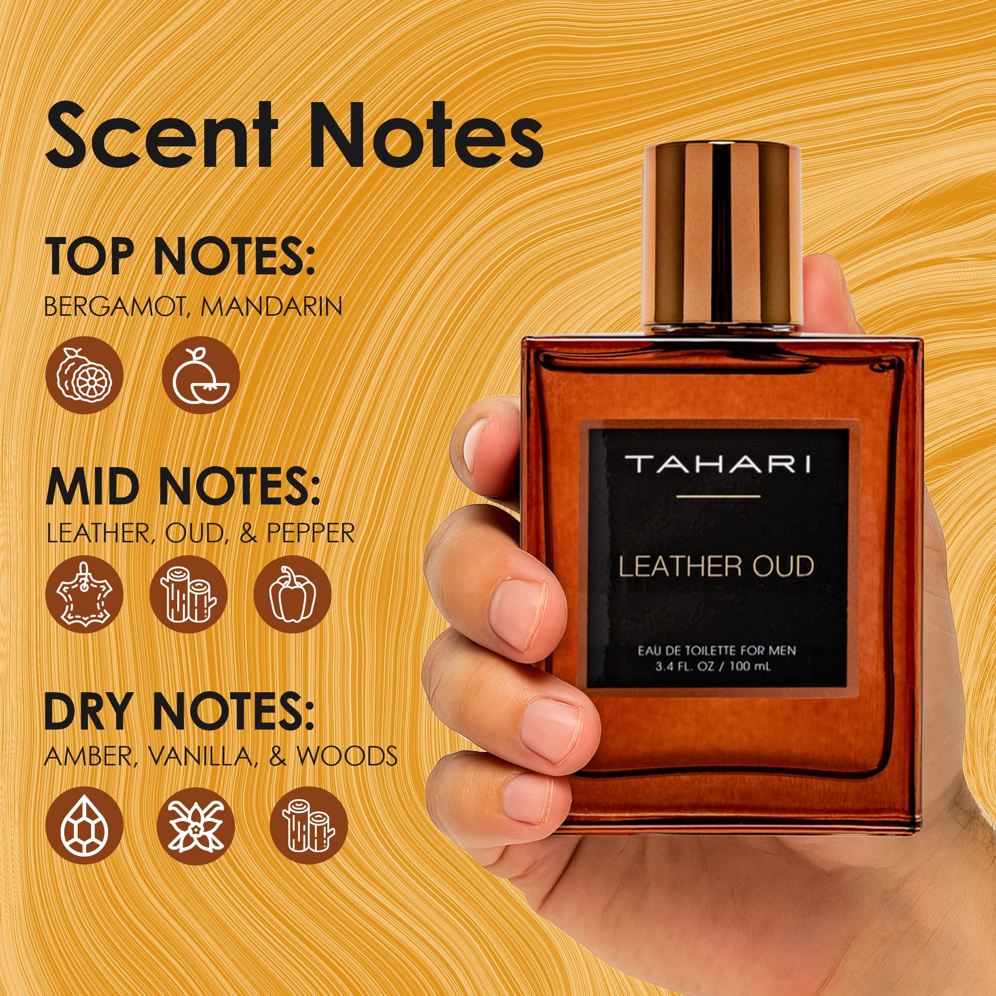 TAHARI Leather Oud bottle closeup label highlighting rich leather and oud notes