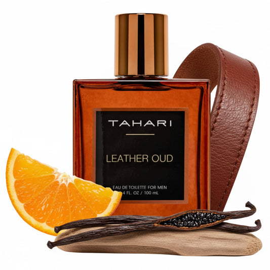 TAHARI Leather Oud bottle front view showing bold masculine design for evenings