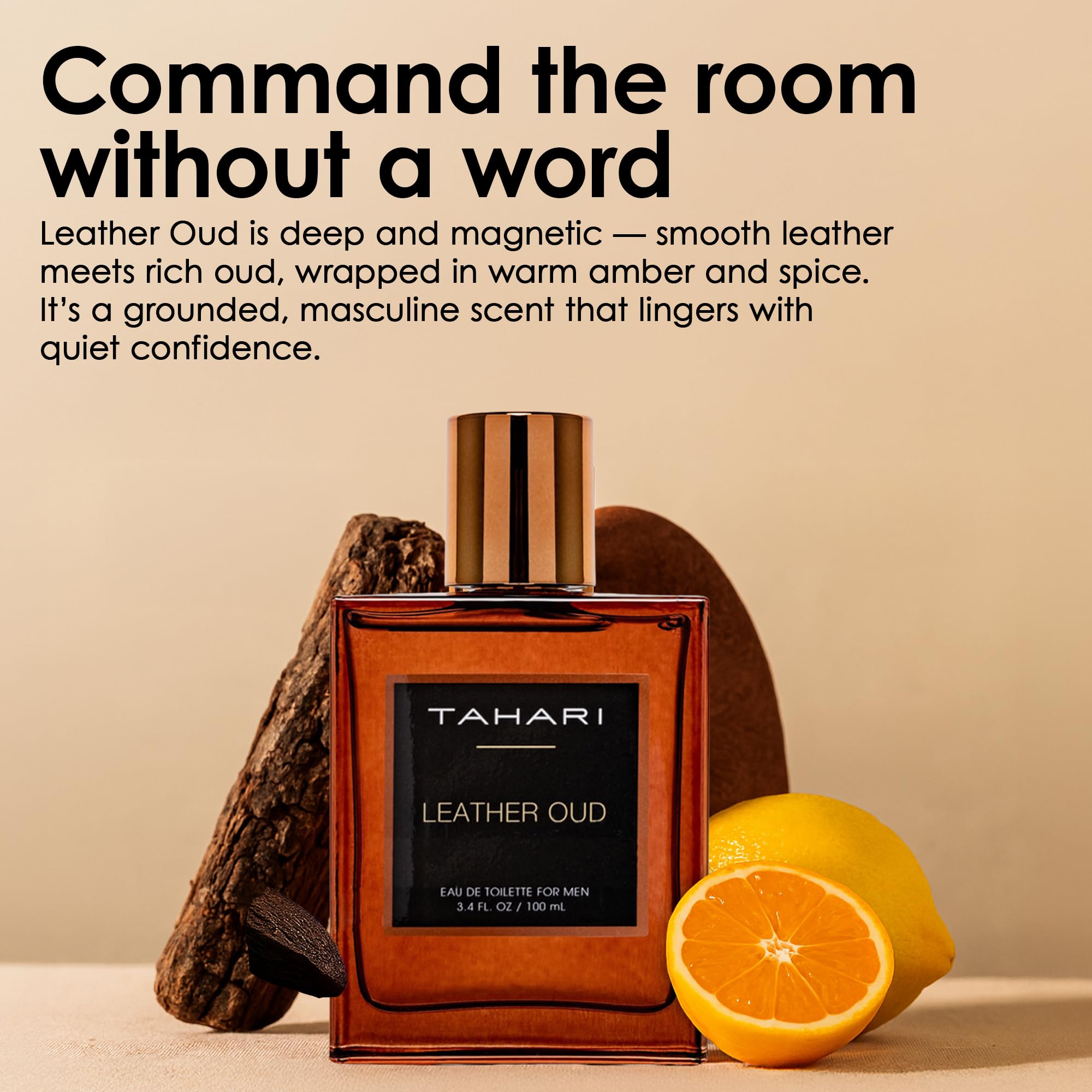 TAHARI Leather Oud notes image displaying bergamot and amber for lasting warmth