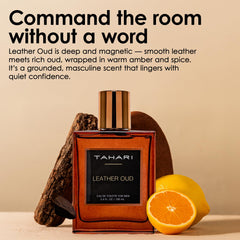 TAHARI Leather Oud notes image displaying bergamot and amber for lasting warmth