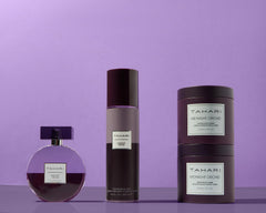 TAHARI Midnight Orchid EDP packaging label, premium branding enhances perceived value and quality.