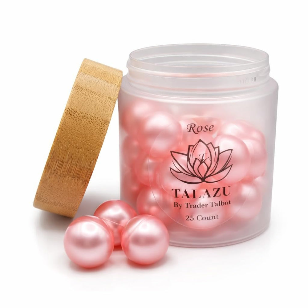 Talazu Rose Aromatherapy Bath Beads packshot shows pink pearls for luxurious hydration.
