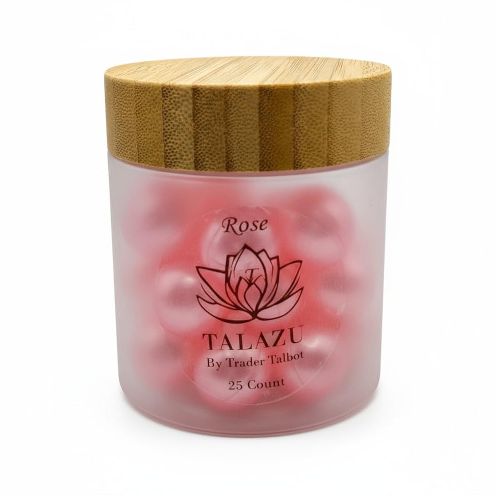 Talazu Rose beads being poured into a warm bath for a relaxing aroma.